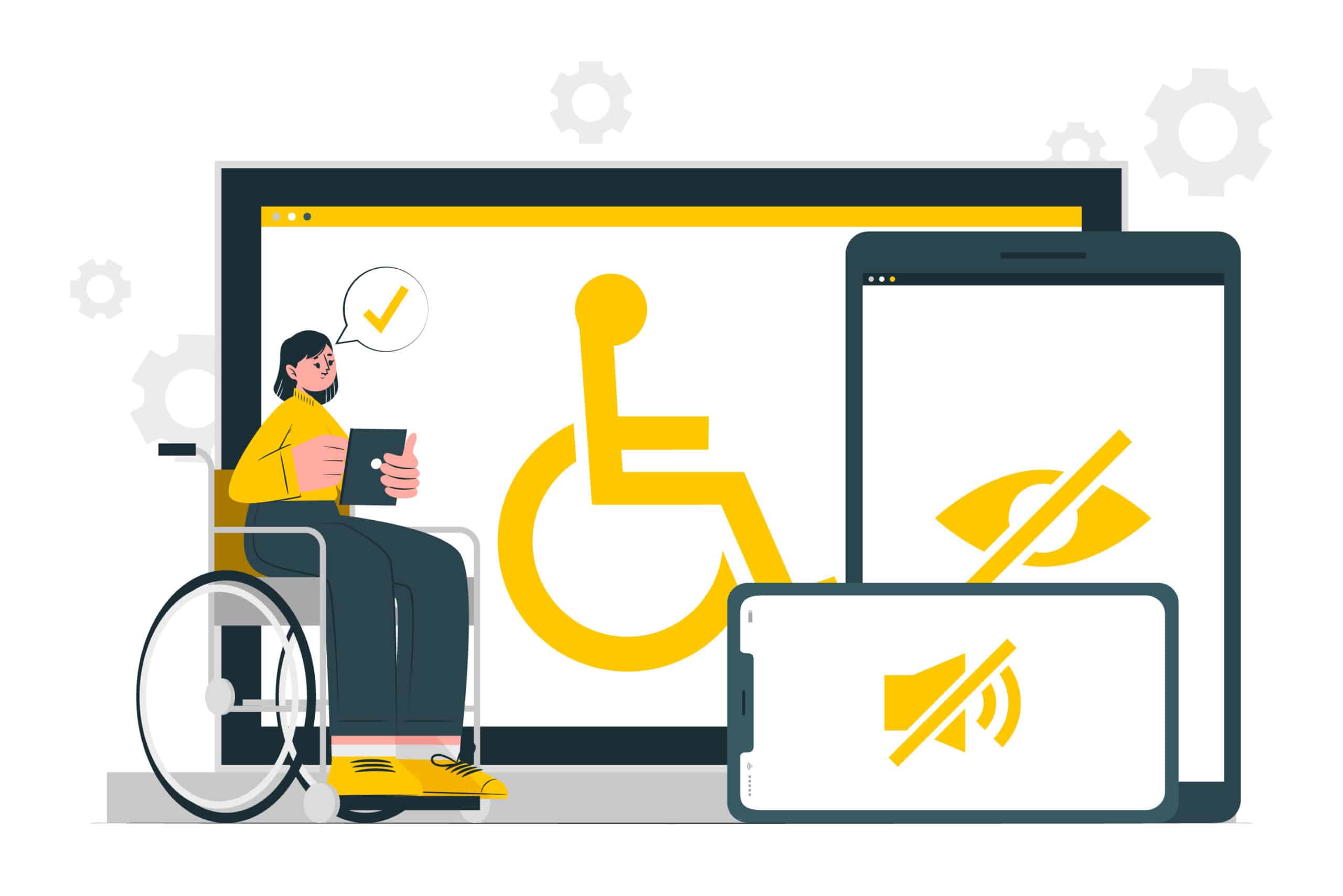 Ilustração de uma mulher em cadeira de rodas utilizando um tablet, com ícones de acessibilidade visual e auditiva em diferentes dispositivos, representando o conceito de design acessível.