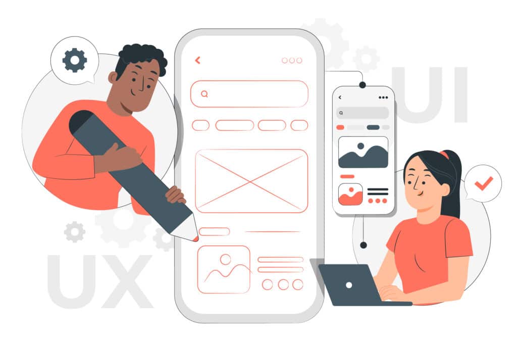 Ilustração de equipe de UX/UI desenvolvendo interface de aplicativo com foco em design acessível e experiência inclusiva