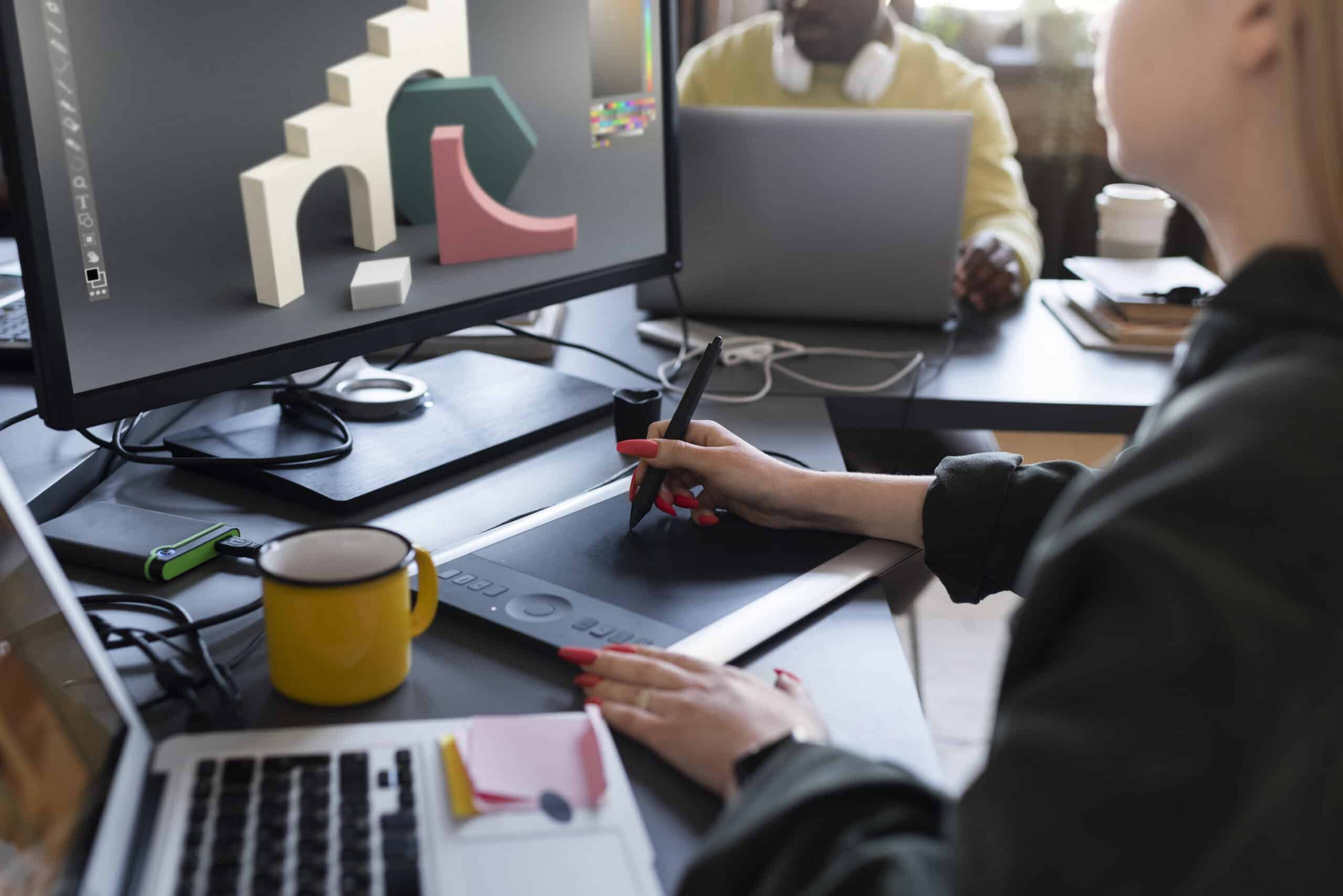 Profissional usando mesa digitalizadora e computador para criar elementos visuais de um sistema de design