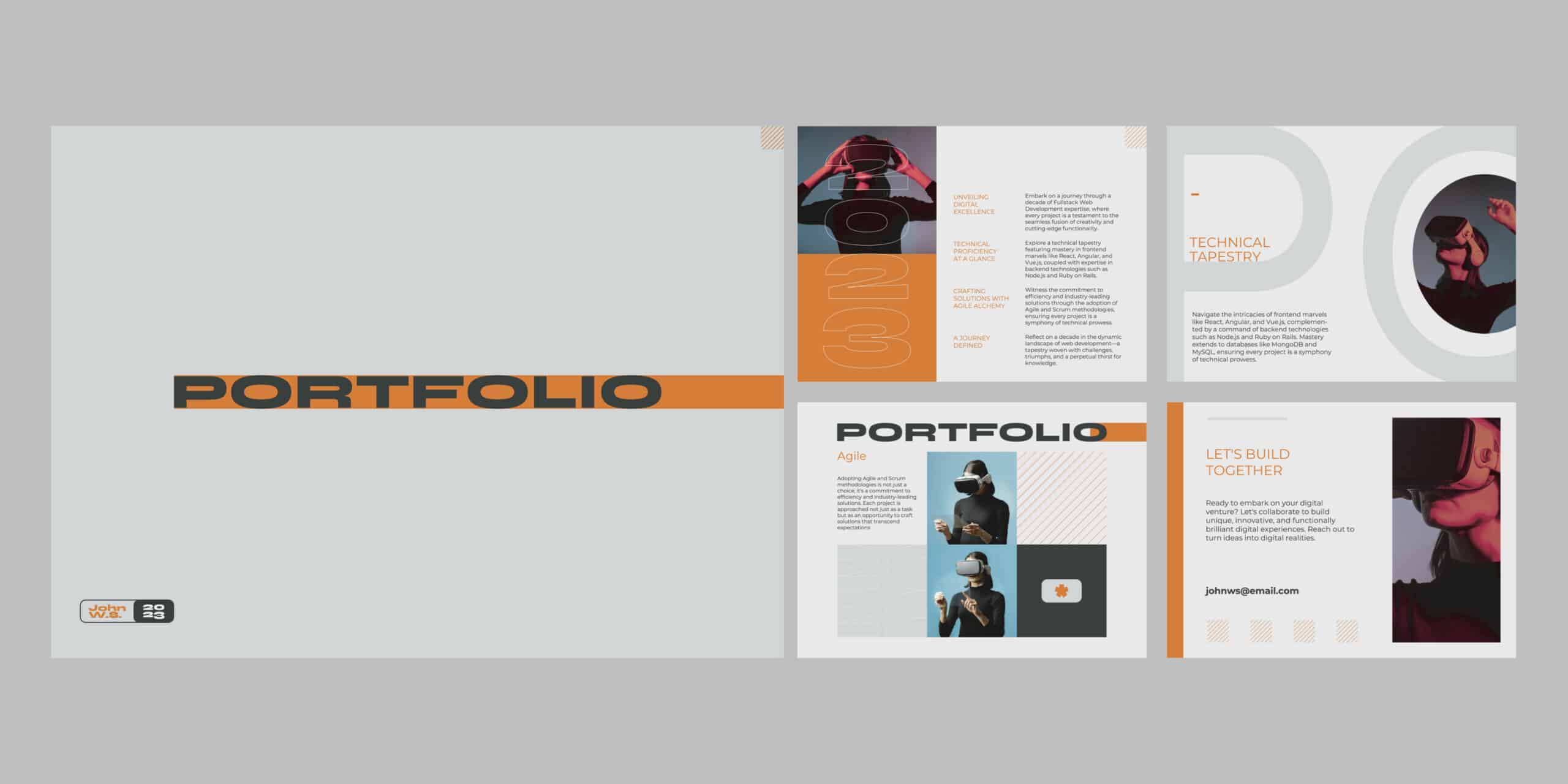Modelo moderno de portfólio de design de UI com layout visual atrativo e uso de realidade virtual